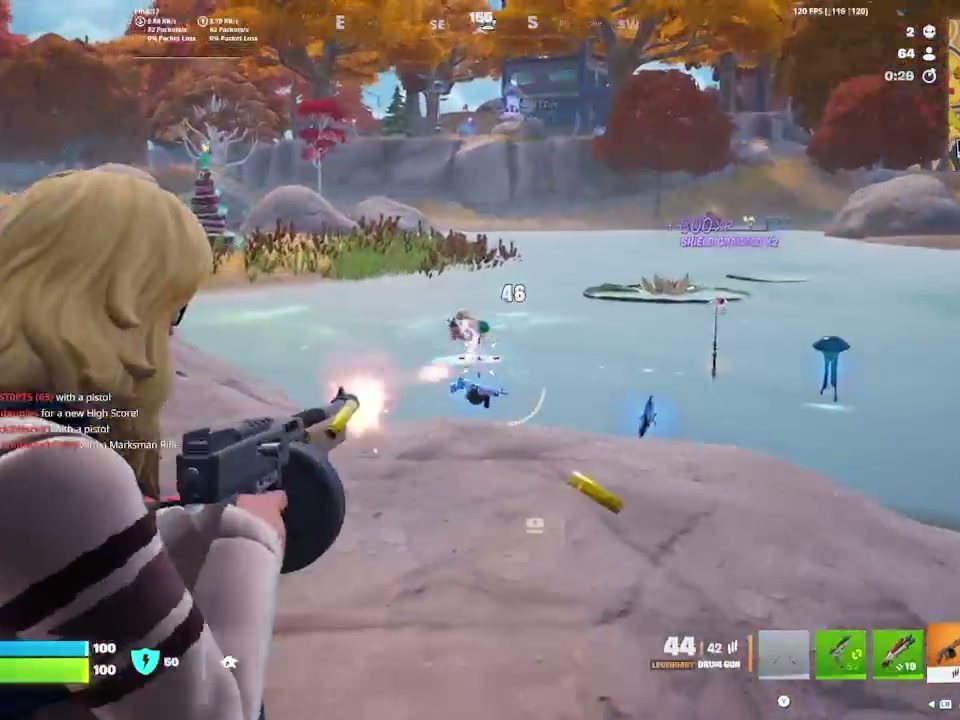 Shooting across a lake in Fortnite